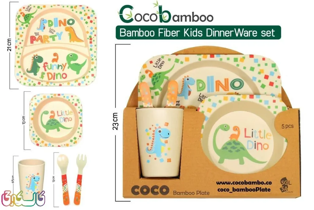 لیوان و قاشق چنگال کودک بامبو مدل دایناسور