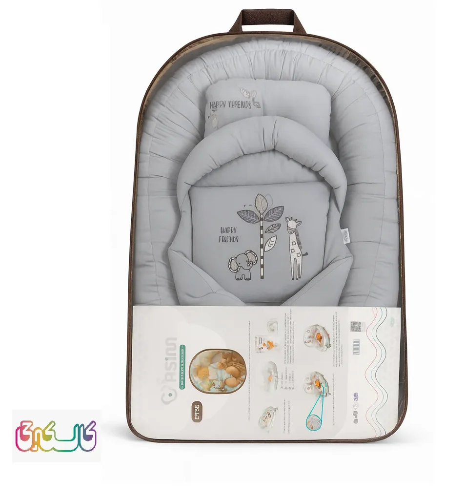 سرویس خواب مخمل گارددار شش تکه نوزاد آسیم زرافه و فیل طوسی