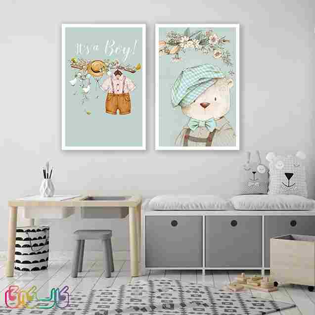 تابلو کودک و نوزاد مدل نقاشی خرس و اکسسوری